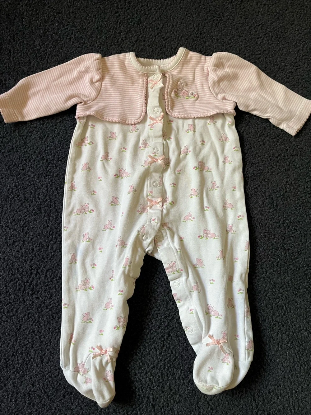 Little Me Cream and Pink Floral Footed One-Piece w Bows